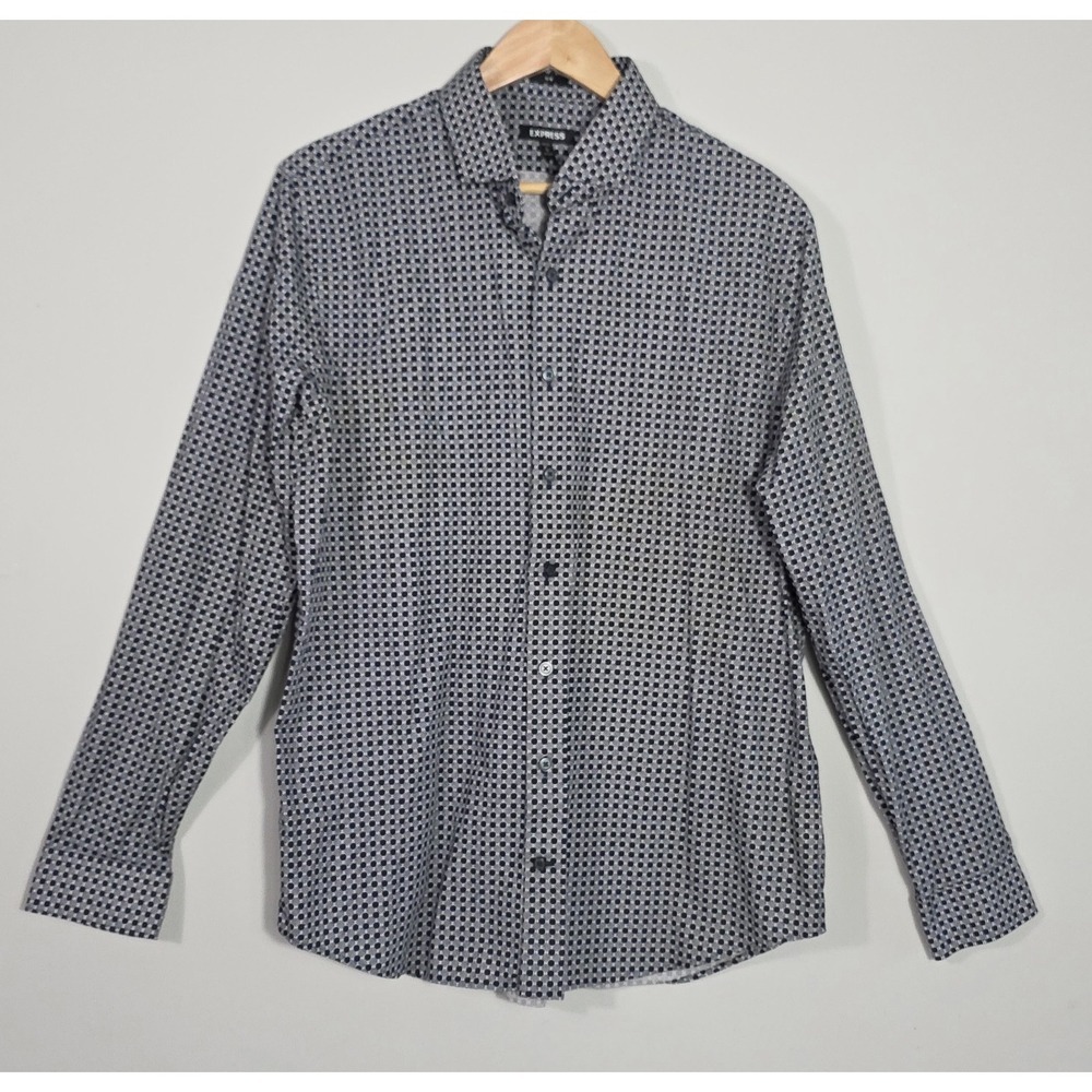 Express Slim Fit Dress Shirt Men 15-15.5 L Blue Geometric Button Up - Picture 2 of 10